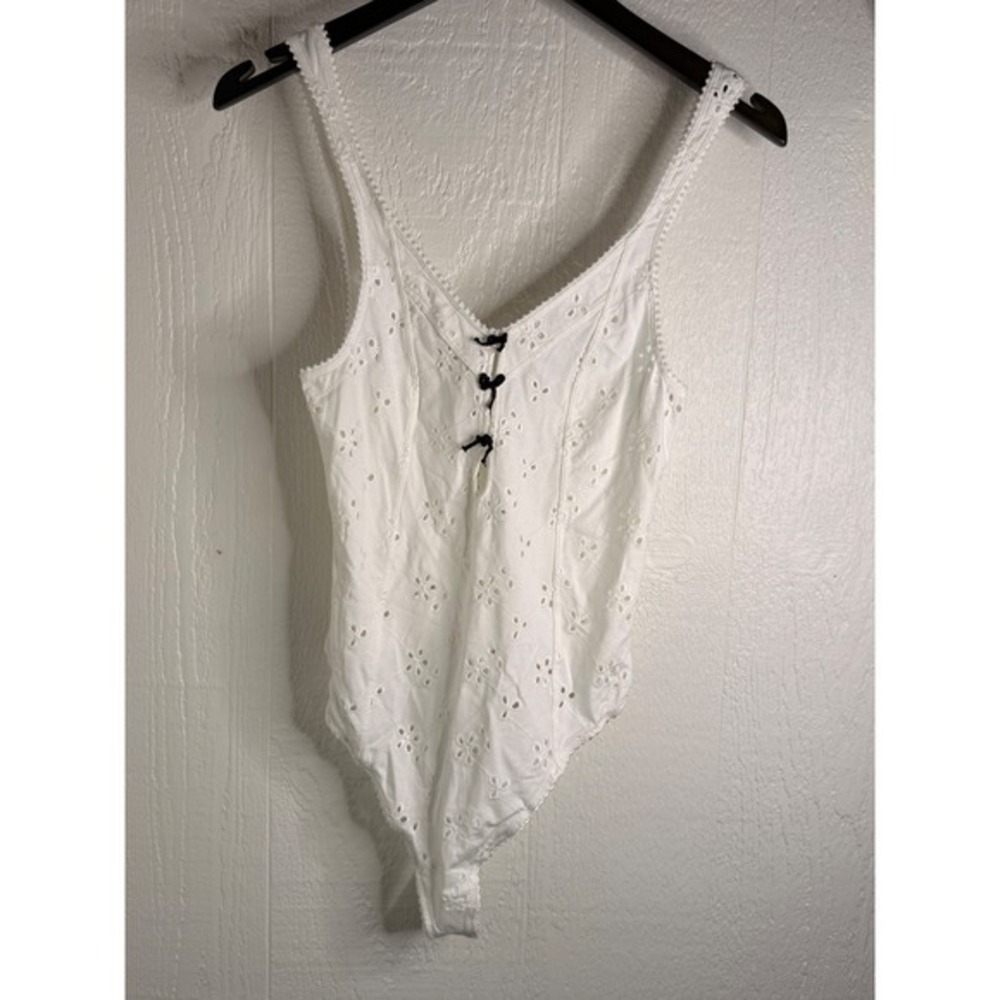 White Eyelet Bloom Lace Bodysuit with Black Contrast Bows Coquette XS